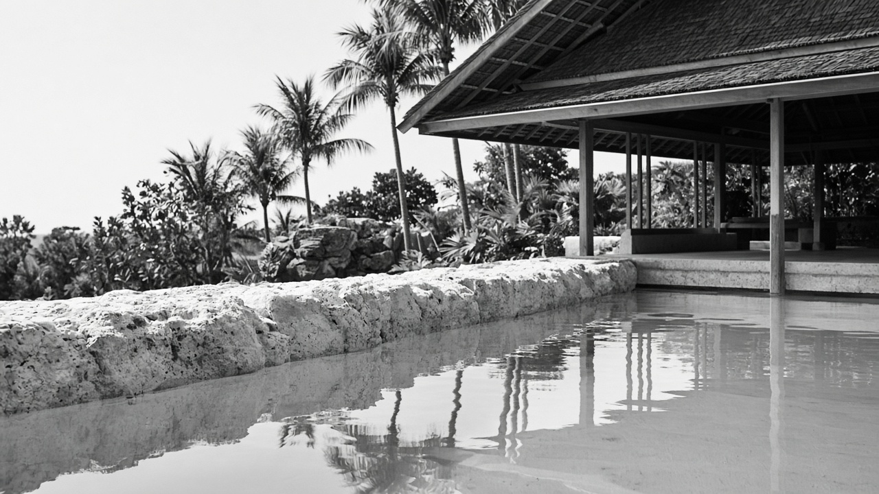 Limestone pool edge and tropical pavilion roof in black-and-white editorial light.